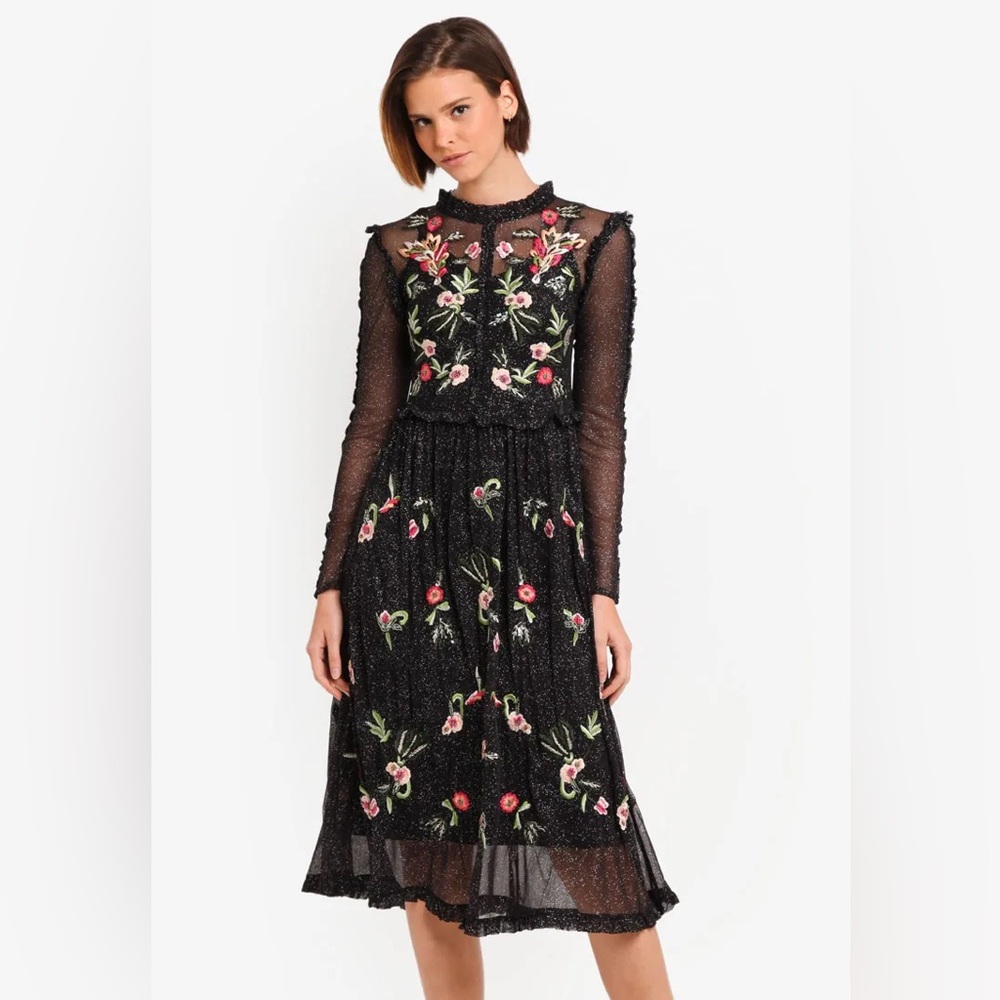 Frill & Frock Floral Embroidered Black Dress